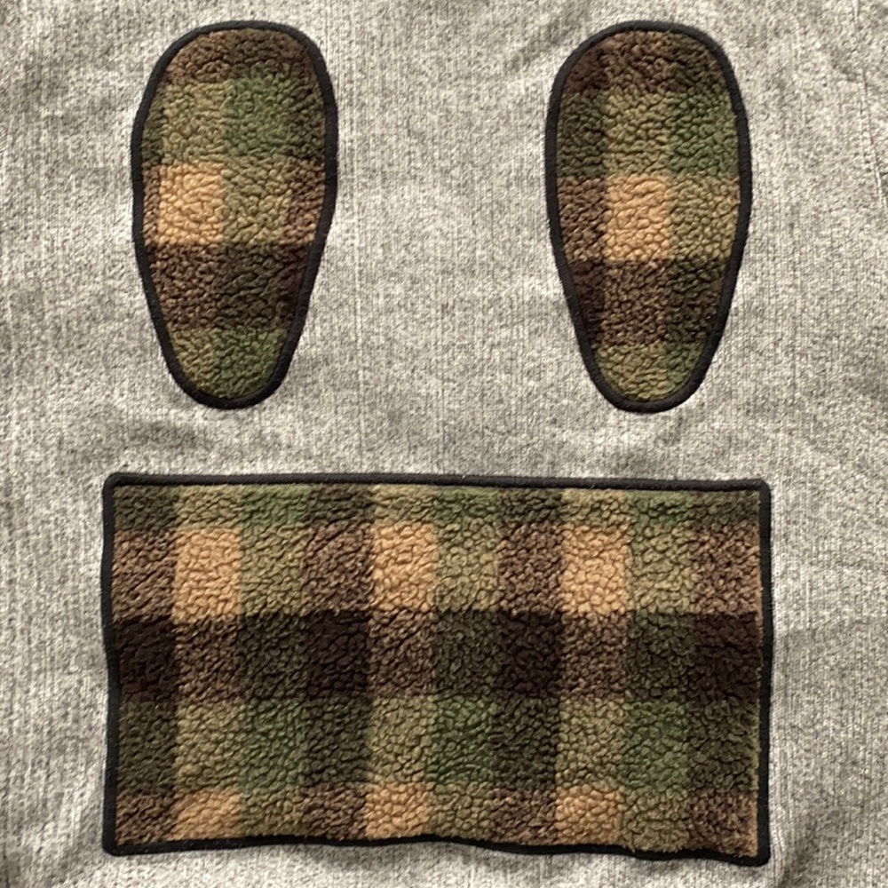 Mostly Heard Barely Seen Large Crew Neck Sweater. Brown, Tan, Green Face Pattern